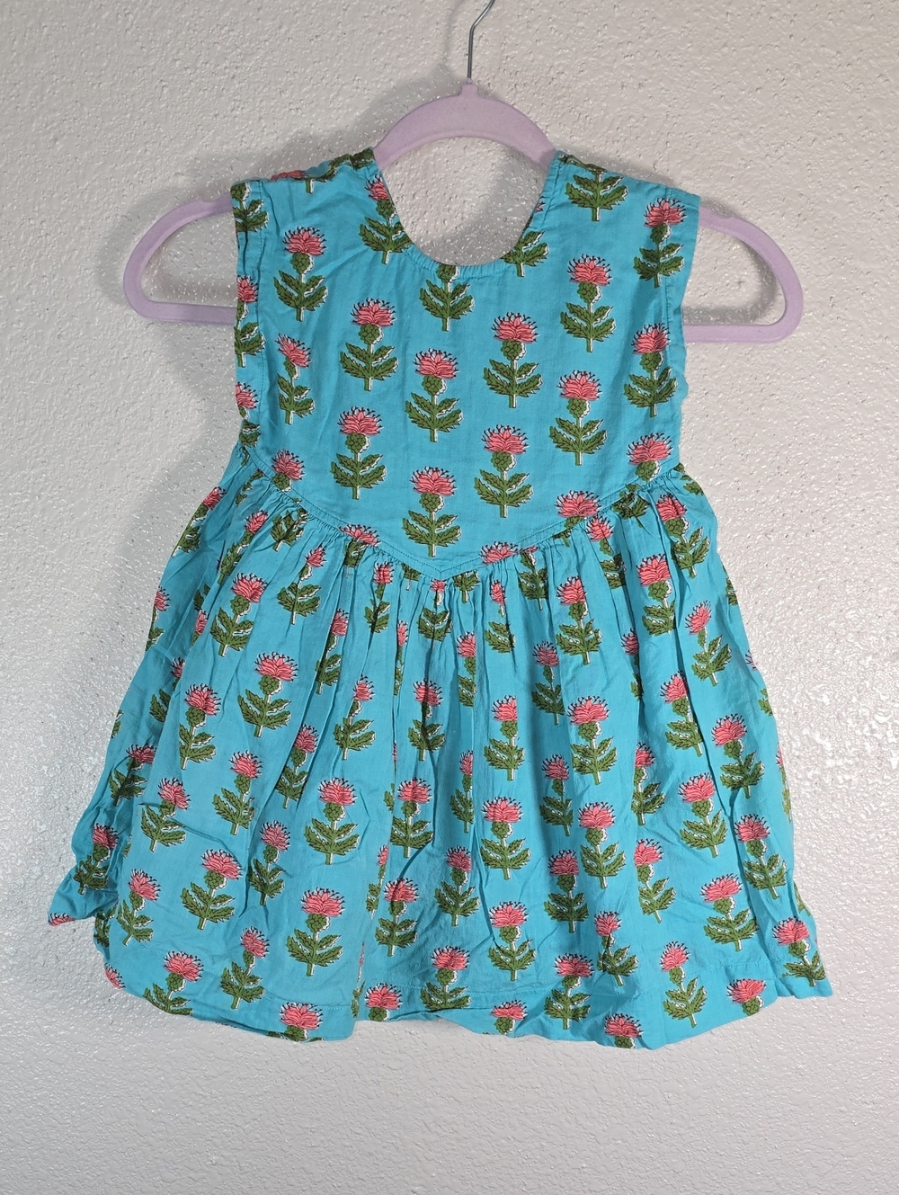 Pink Chicken Blue Floral Toddler Dress with Pink Flower Print